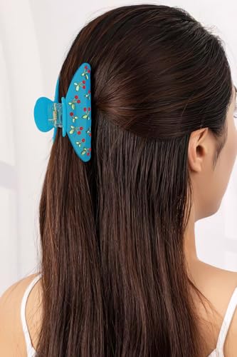 LILIE&WHITE Blue Acrylic Hair Clips For Women Cherry Hair Clip Claw | With The Rhinestone Pattern In Red Cherry Strong Hair Fix Hair Clips Jewelry Fashion Gift For Women Hair Accessory - color: HC21221D