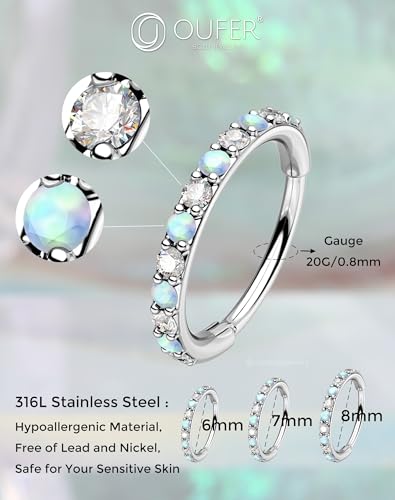 OUFER Opal and CZ 20G Nose Rings Hoops, 316L Surgical Steel Hinged Segment Nose Piercing Jewelry, Septum Lip Eyebrow Rings Cartilage Conch Rook Helix Tragus Daith Earrings For Women and Men-6/7/8MM - color: Silver