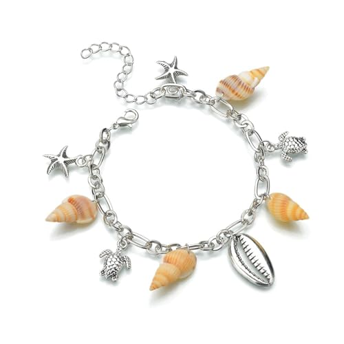 Shell Ankle Bracelet Set for Women,Boho Adjustable Beads Anklet Pack Natural White Shells Stack Stretch Seashell Pearl Starfish Bracelet Set Hawaiian Beach Vacation Foot Jewelry - style: H-Shell Conch