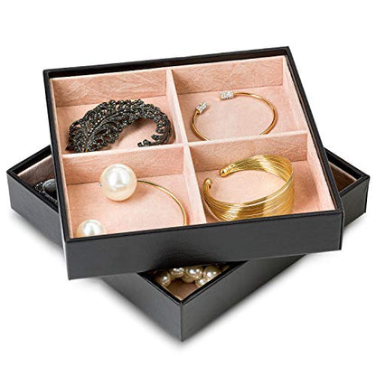 Glenor Co Jewelry Organizer Tray - Set of 2 - Stackable 8 Square Slot Jewelry Storage Trays - Display on Dresser or Drawer - Compatible with other trays - Black - size: Square - 4 Square Slot x 2