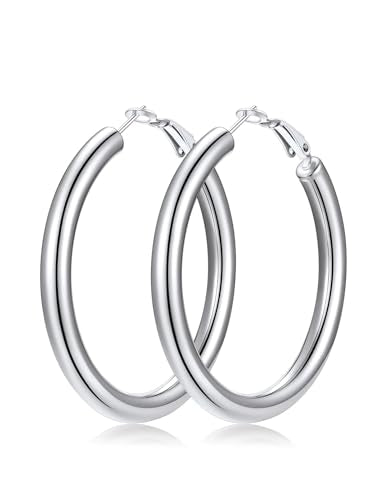 FaithHeart Silver/Black/Gold Stainless Steel Chunky Hoop Earrings for Women | Hypoallergenic Lightweight Hoop Earrings, Trendy Statement Thick Hoop, 20/30/40/50/60/70/80mm - color: Silver, size: 50mm