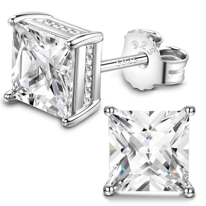 FEEL STYLE 18K White Gold Plated 925 Sterling Silver Princess Cut Cubic Zirconia Stud Earrings for Women Men - 6/8MM Square CZ Stud Earring Jewelry Gifts Hypoallergenic (Silver, 8mm)