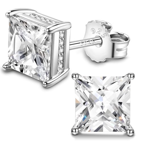 FEEL STYLE 18K White Gold Plated 925 Sterling Silver Princess Cut Cubic Zirconia Stud Earrings for Women Men - 6/8MM Square CZ Stud Earring Jewelry Gifts Hypoallergenic (Silver, 8mm)