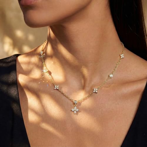 Coolkin 3 PCS Women Gifts Layered Gold Necklace for Women,14K Gold Plated Dainty CZ Pendant Layering Gold Necklaces Set Chain Choker Cubic Zirconia Necklace Trendy Jewelry Gifts - style: Clover CZ