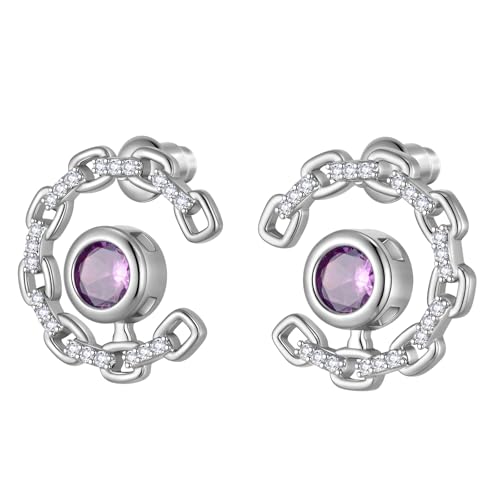 Elegant C-Shaped Crystal Stud Earrings with Birthstone Earring Silver Plated Fashion Jewelry for Women CE0003 - color: Purple-February