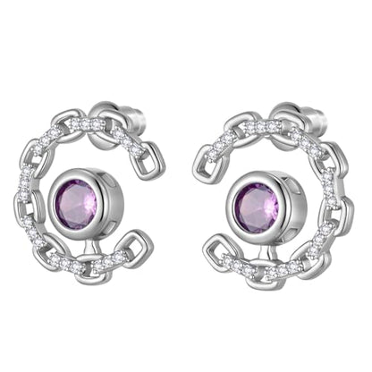 Elegant C-Shaped Crystal Stud Earrings with Birthstone Earring Silver Plated Fashion Jewelry for Women CE0003 - color: Purple-February