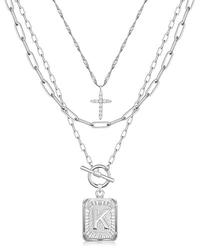MJartoria Layered Initial Necklaces for Women Trendy, 14K Gold Plated Brass Simple Dainty Cross Choker Square Letter Pendant Necklace, Paperclip Chain Necklaces Jewelry - color: Silvery, style: K