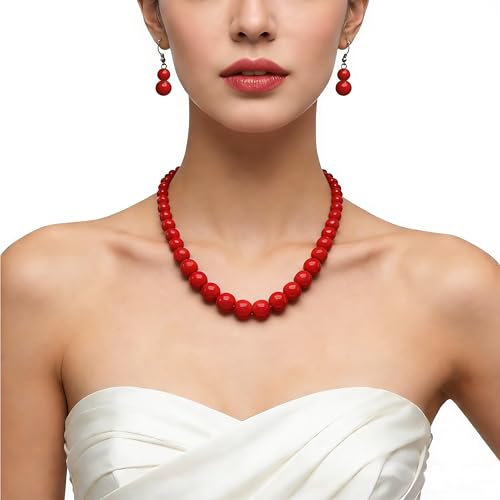 Cryshimmer Pearl Choker Necklace for Women Faux Pearl Beads Strand Necklace Earring Set Costume Jewelry,Gift for Wife Mother - color: Red-1