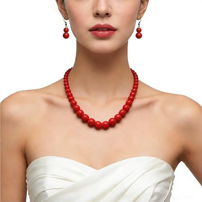 Cryshimmer Pearl Choker Necklace for Women Faux Pearl Beads Strand Necklace Earring Set Costume Jewelry,Gift for Wife Mother - color: Red-1