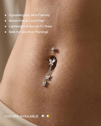 Cute Belly Button Rings Dangle 14G Butterfly Belly Button Piercing for Women Gold Navel Ring 316L Surgical Steel Navel Piercing Jewelry - color: Silver