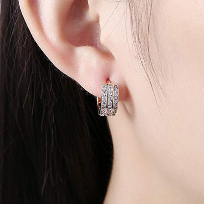 14K Rose Gold Plated Three Row Cubic Zirconia Small Huggie Hoop Earrings Fashion Jewelry for Men Women - color: gold