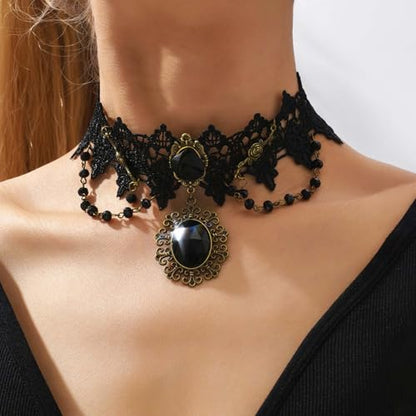 Olbye Black Choker Necklace for Women Gothic Lace Chokers Collar Statement Rhinestone Goth Costume Accessories Halloween Necklace Jewelry - color: Black C
