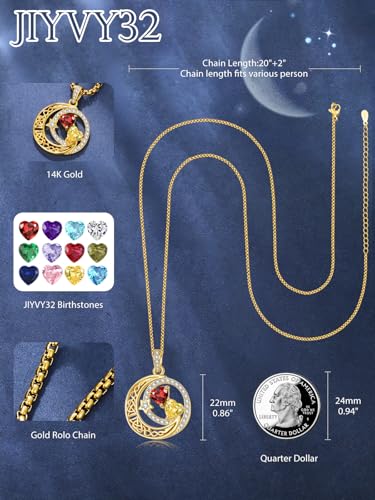 14K Gold Moon and Star Double Birthstone Necklace Gifts for Women | 2 Heart Birthstone Necklace,Mothers Day Wedding Anniversary Birthday Gifts for Wife Mom Daughter Grandma Sister - color: 01-11-Jan-Nov Birthstone