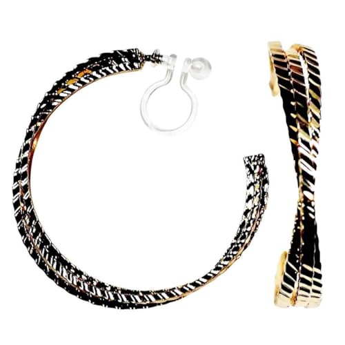 Hoop Invisible Clip On Earrings for Women Not Pierced Gold Small Twisted Hoop Comfortable Silver Large Clip On Earrings - color: Textured Triple Hoop Gold