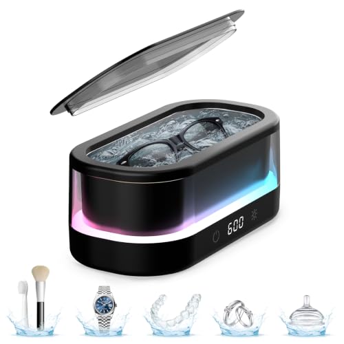 Ultrasonic Jewelry Cleaner 48KHz with RGB Lights for Eyeglasses, Rings, Watches, Dentures, 350ML 304 Stainless Steel Tank, Dual Modes Professional Sonic Cleaner Gift for Wife,Mom,Daughter - color: Black
