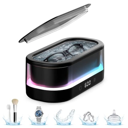 Ultrasonic Jewelry Cleaner 48KHz with RGB Lights for Eyeglasses, Rings, Watches, Dentures, 350ML 304 Stainless Steel Tank, Dual Modes Professional Sonic Cleaner Gift for Wife,Mom,Daughter - color: Black