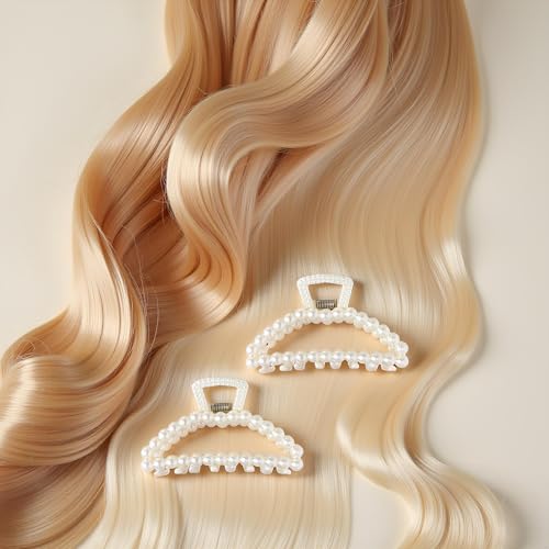 2Pcs White Pearl Large Hair Clip for Thick Hair, Girls Hair Clips Claw, Big Hair Clips Hair Claws Hair Claws for Thin Hair, Faux Pearl, Clips and Barrettes
