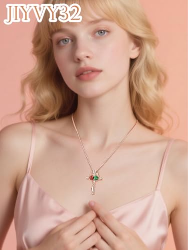 Rose Gold Cross Necklace with 2 Birthstones and Rose | Cross with Birthstone Necklace, Hypoallergenic, Adjustable Rolo Chain, Birthday Gifts, Catholic Christian Religious Jewelry - color: 01-02-Jan-Feb Birthstone