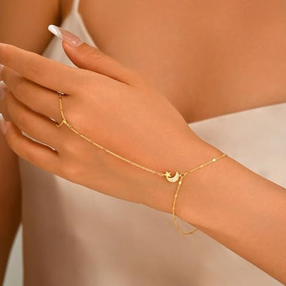 925 Sterling Silver Hand Chain Bracelet for Women | 14k Gold Plated CZ Crystal Heart Starburst Ring Bracelets Hand Chain Diamond Layered Stackable Link Chain Beach Jewelry Gifts - color: GoldE