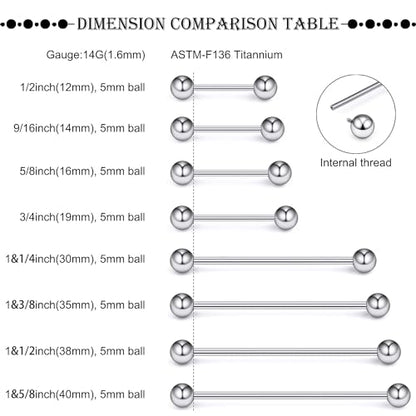 16G-2G ASTM F136 Titanium Internally Threaded Nipple Tongue Rings Piercing Jewelry Straight Industrial Earring Barbell G23 Titanium Nipple Tongue Bars Piercing Jewelry for Women Men 12MM-40MM - style: 14G, 14mm Length, 5mm Ball
