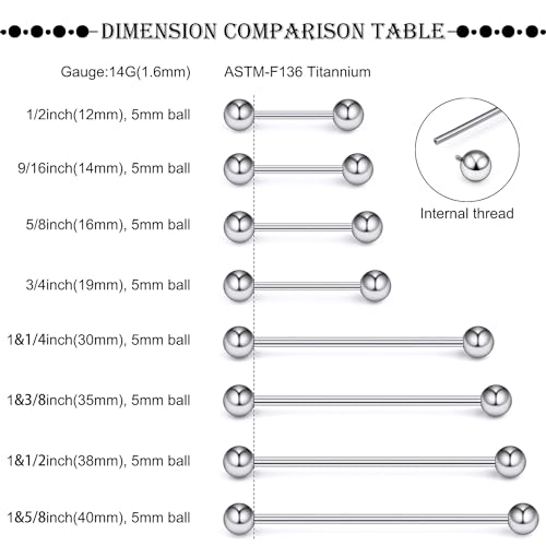 16G-2G ASTM F136 Titanium Internally Threaded Nipple Tongue Rings Piercing Jewelry Straight Industrial Earring Barbell G23 Titanium Nipple Tongue Bars Piercing Jewelry for Women Men 12MM-40MM - style: 14G, 16mm Length, 5mm Ball
