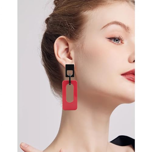 Boho Lightweight Retro Simple Acrylic Splicing Rectangle Earrings for Women Creative Exaggerated Statement Dangle Drop Earrings Jewelry - color: Black PInk