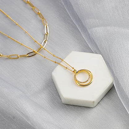 MEVECCO Dainty Pendant Layered Necklaces for Women | 18K Gold Plated Brass, 2-Piece Set With A Choker-Length Upper Layer, Wear Together Or Separately, Refined Everyday Style - style: Layer Double Circle