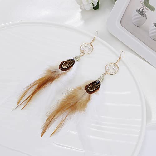 Bohemian Pheasant Peacock Long Feathers Statement Earrings Handmade Natural Lightweight Feather Dangle Earrings for Women (ea000071) - color: Dreamcatcher Brown