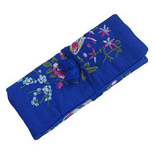 Travel Jewelry Roll Bag - Embroidered Brocade Pouch for Rings, Necklaces, Earrings, Bracelets | Lightweight & Tie Closure (Royal Blue) - color: Royal Blue