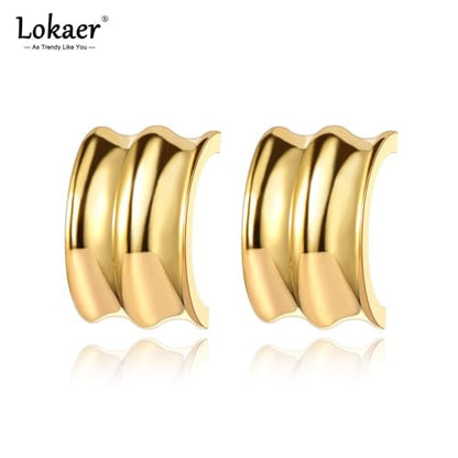 Women's Gold Plated Stainless Steel Triple Band Geometric C-Hoop Stud Earrings