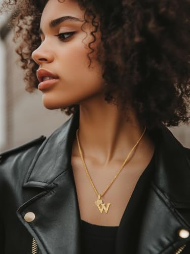 U7 Crown Initial Necklace Men Women, Bling Diamond A-Z 0-9 Letter Pendant with Wheat Chain, Silver/Black/Gold Plated CZ Alphabet Number Hip Hop Jersery for Father Husband - color: a. Gold, size: 23. W