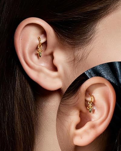 Clicker Rook Piercing Jewelry, 16G Moss Agate Rook Earrings Dangle, Stainless Steel Helix Lobe Hoop Earrings 6/8MM - color: YG-6MM