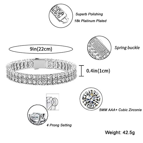 JINAO 2-Row Tennis Bracelet for Men & Women, 14K Gold Plated Brass, Iced-Out Cubic Zirconia Chain, Unisex Hip-Hop Style - color: 9" Silver