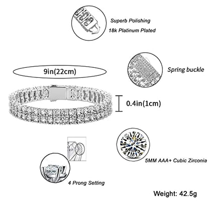 JINAO 2-Row Tennis Bracelet for Men & Women, 14K Gold Plated Brass, Iced-Out Cubic Zirconia Chain, Unisex Hip-Hop Style - color: 8" Silver