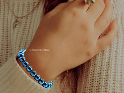 Amazing Gemstone Blue Hematite Crystal Bracelet for Women Men's Gifts - Protection Healing Crystal Bracelet - 8mm Gemstone Beaded Stretchable Bracelet Pulseras Para Hombres Mujer Stocking Stuffers Mothers Day Gift - color: Blue Hematite