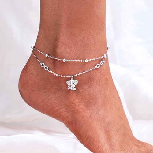 CHIC & ARTSY 925 Sterling Silver Ankle Bracelets for Women, Adjustable Layered Foot Chains with Nature & Symbol Charms, Lightweight Comfort Fit Boho Beach Everyday Jewelry - color: 4# Elephant Anklet