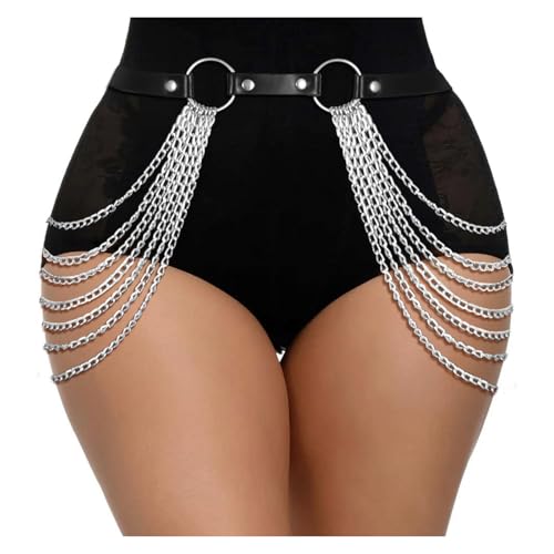 JASGOOD Punk Waist Chain Belt Black Leather Layered Belly Body Waist Chains Nightclub Rave Body Chain Belt for Women Girls - color: A-black With Silver Chain, size: Suit for Waist Size: 25''-32''