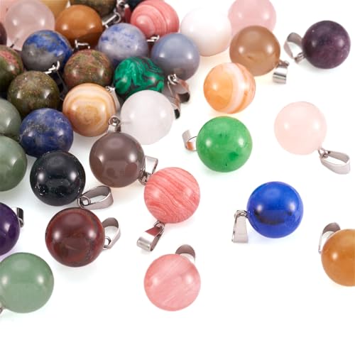 50Pcs Chakra Round Stone Pendants Mixed Healing Crystal Quartz Gemstone Charms for Necklace Jewelry Making Hole: 2x7mm - color: 6-Mixed Color-Ball-Random