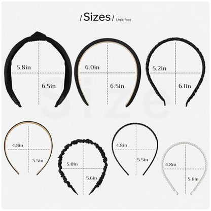 7pc Black Headbands for Women Girls Headbands Set, Non Slip | Solid Head Bands for Women's Hair Diademas Para Mujer De Moda - color: Black