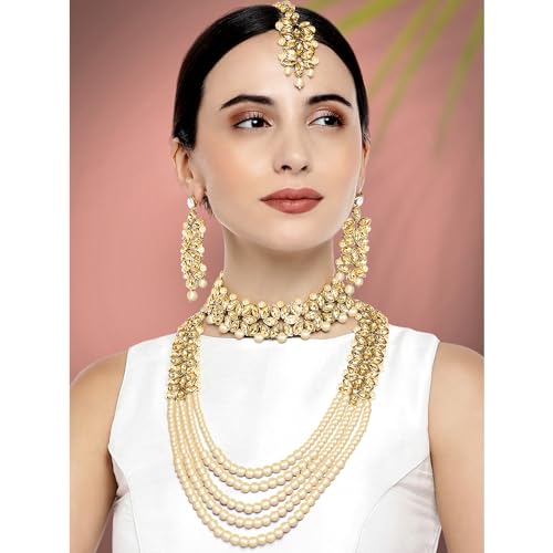 Aheli Wedding Party Wear Bridal Jewellery Choker Long Pearl Necklace Earrings Maang Tikka Indian Traditional Set Gift for Women - color: Champagne