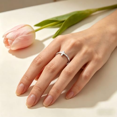 Sun and Moon Rings Stainless Steel Crescent Sun Rings for Women Gold Open Ring Middle Index Finger Jewelry Gift - color: F-Silver Cross