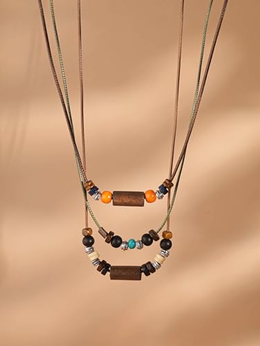 MINACHI Layered Boho Wood Bead Choker Necklace, Hollow Flower Charm, Personality Jewelry for Men and Women - style: Necklace 08-0040