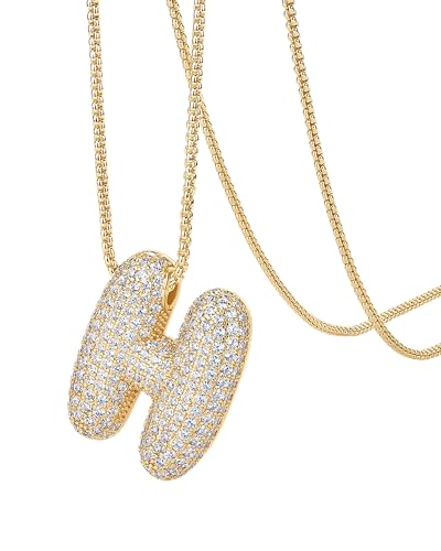 PAVOI 14K Gold Plated Cubic Zirconia Bubble Letter Initial Necklaces for Women | Gold Balloon Necklace Letter | Chunky Pendant Necklaces - style: -H