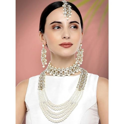 Aheli Wedding Party Wear Bridal Jewellery Choker Long Pearl Necklace Earrings Maang Tikka Indian Traditional Set Gift for Women - color: White