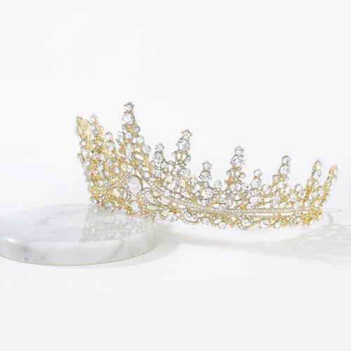 SWEETV Crystal Wedding Tiara for Women, Royal Queen Crown Headband, Rhinestone Princess Hair Accessories for Prom Birthday - color: 1.Gold-Tone
