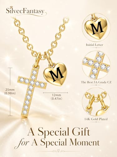 14K Gold Cross Necklace for Women Initial Letter Pendant Necklaces for Women, 14K Gold Dainty Simple Monogram Alphabet Necklace with Cable Chain, Birthday Gifts for Women - style: 14K Gold M