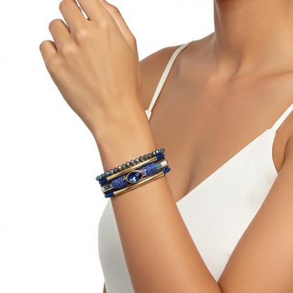 Edoneery Leather Wrap Bracelets for Women, Boho Layered Cuff Bangle | Multi-layer Leather Cuff, Daily wear, Stackable Bangle, Easy on-off, Western Jewelry Gifts for Women - color: Blue-1