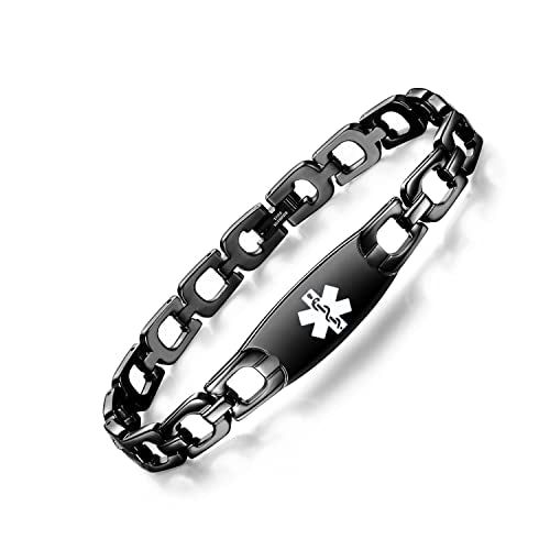 LinnaLove Fashion Shiny medical alert bracelet with Free Engraving Stainless steel Medical id bracelet for Women - color: Horseshoe-Black