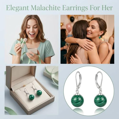 Pearl Leverback Earrings for Women Dangle Round Gemstone Earrings Birthstone Jewelry Gift Anniversary for Her - color: 14 malachite
