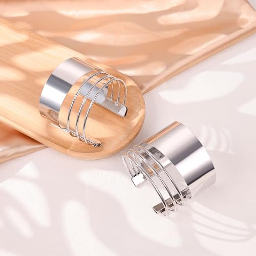 2Pcs Cuff Bangle Bracelet for Women Open Wide Bangle Bracelet Set | minimalist statement bangle bracelets，wrist cuff wrap bracelet adjustable，open wide wire grooved hammered bracelet set - color: 2PCS-Sliver-F